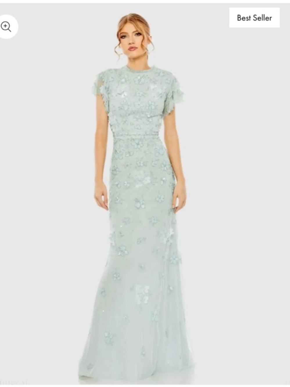 Mac Duggal light blue green Floral Embellished High Neck Flutter Sleeve Gown